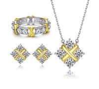 CFWSHJ 14K Gold Daisy Necklace Diamond Ring Yellow Gem Flower Stud Earring Set, Women's Luxury Three-Piece Jewelry Set, Starry Sky X-Shaped Extraordinary Design Inspiration