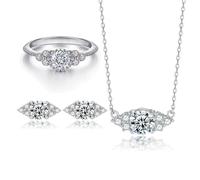 CFWSHJ 14K Gold Flower Ring Necklace Rhombus Moissanite Earrings Set, Women's Luxury Three-Piece Jewelry Set, Floral Design for Weddings or Garden Parties