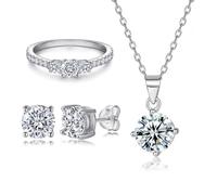 CFWSHJ 14K Gold Flower-Shaped Moissanite Ring Stud Earrings Necklace Three-Piece Set, Women's Luxury Jewelry, Four-Prong Diamond-Like Gemstone Design