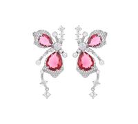 CFWSHJ 14K Gold Moissanite Red Butterfly Earrings, Full Micro Pave Setting Stud Earrings for Women Daily Casual Wear, French Sweet Style Jewelry for Spring Festival Party