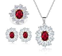 CFWSHJ 14K Gold Ruby Moissanite Ring Stud Earrings Necklace Set, Women's Three-Piece Jewelry Set, Luxury Gemstone Jewelry for Elegant Styling