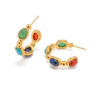 CFWSHJ 14K Solid Gold over S925 Sterling Silver Embellished Gemstone C-Shape Earrings - Sparkling Gold Hoop Earrings with Colored Stones, Ideal for Bridal, Women, and Mother's Gift