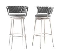CFWSHJ Bar Woven Back Set of 2, Velvet Upholstered Counter Stools with White Metal Legs for Kitchen Island, Pink (Grey Height 75cm)
