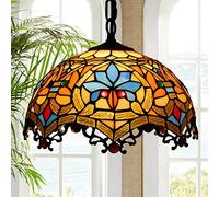 CFWSHJ Ceiling Fixture Hanging Light, Green Leaves Blue Purple Flower Beige Yellow Stained Glass Lampshade Pendant, for Kitchen Island,12"