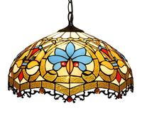 CFWSHJ Ceiling Fixture Hanging Light, Green Leaves Blue Purple Flower Beige Yellow Stained Glass Lampshade Pendant, for Kitchen Island,16"
