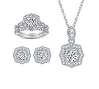 CFWSHJ Gemlux 14K Gold Flower Moissanite Ring Stud Earrings Necklace Set, Women's Luxury Three-Piece Jewelry Set, Perfect for Weddings and Romantic Occasions