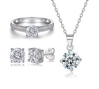 CFWSHJ Gemlux 14K Gold Four-Prong Double Row Diamond Ring Stud Earrings Necklace Set, Women's Luxury Jewelry Collection, Classic Diamond-Inspired Design