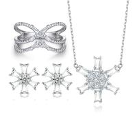 CFWSHJ Gemlux 14K Gold Snowflake Flower Stud Earrings Star Necklace Bow Ring Set, Women's Luxury Three-Piece Jewelry Set, Perfect for Holiday Parties or Festive Celebrations