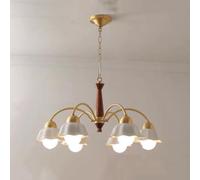 CFWSHJ Mid Century Chandelier Round Wood White Glass Flower Sputnik Hall Ceiling Light Vintage Rustic Hanging Lamp for Dining Living Room Bedroom Kitchen Foyer/6 Lights