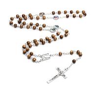 CFWSHJ Necklaces Personality, Handmade Round Wood Rosary Beads Cross Religious Jesus Christian Men Women Yoga Jewelry Charms