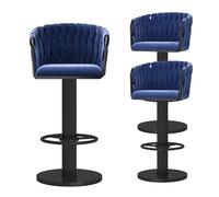 CFWSHJ Swivel Bar Stools Set of 2, Velvet Upholstered Dining Chairs with Woven Back, Kitchen Island Bar stools with Footrest, Adjustable Height 65-80cm, White (Blue 3 PCS)