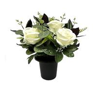 CFY Memorials Premium Artificial Grave Flowers - Cream Open Roses with Eucalyptus (25cm) | Memorial Vase Pot