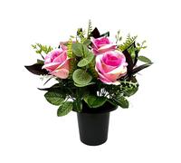 CFY Memorials Premium Artificial Grave Flowers - Pink Open Roses with Eucalyptus (25cm) | Memorial Vase Pot