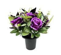 CFY Memorials Premium Artificial Grave Flowers - Purple Open Roses with Eucalyptus (25cm) | Memorial Vase Pot