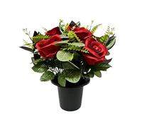 CFY Memorials Premium Artificial Grave Flowers - Red Open Roses with Eucalyptus (25cm) | Memorial Vase Pot