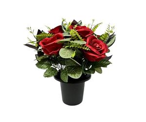 CFY Memorials Premium Artificial Grave Flowers - Red Open Roses with Eucalyptus (25cm) | Memorial Vase Pot