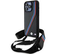CG MOBILE BMW BMHCP15L23PSVTK Case for iPhone 15 Pro 6.1 Inch Black Hard Case M Edition Carbon Tricolour Lines & Strap