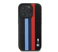 CG MOBILE BMW HC M Phone Case Designed for iPhone 16 Pro, Durable, Shock Proof, Compatible with Magsafe, PU Perforated Tricolor Printed Stripes Case Black