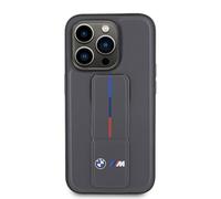 CG MOBILE BMW Phone Case Compatible with iPhone 15 Pro in Grey Tricolor with Grip Kickstand PU Leather M Collection Smooth Protective Case with Easy Snap Closure Shock Absorption and Signature Logo
