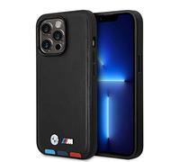 CG MOBILE BMW Phone Case for iPhone 14 Pro in Black with Tri-Color Bottom Lines, PU Leather M Collection, Smooth Protective Case with Single Button Cover, Shock Absorption and Signature Logo