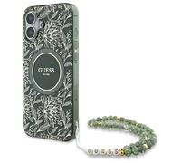 CG MOBILE Guess GUHMP16SHCPOFPA Case for iPhone 16 6.1 Inch Green Hard Case IML Flowers Allover Electro with Pearl Strap