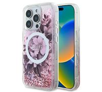 CG MOBILE Guess HC Phone Case Designed for iPhone 16 Pro, Durable, Shock Proof, Compatible with Magsafe, LIQ Glitter Flower Case Pink
