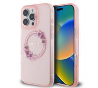 CG MOBILE Guess HC Phone Case Designed for iPhone 16 Pro Max, Durable, Shock Proof, Compatible with Magsafe, IML Flowers Wreath Case Pink
