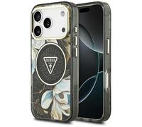 CG MOBILE Guess IML Glitter Flowers Triangle Compatible with MagSafe Case for iPhone 17 Pro (Black)