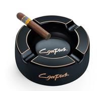 Cgaplus Cigar Ashtray 8" Round Classic Ceramic Large Ashtray 4 Cigarettes Rest for Outdoor Home Office Patio Gift for Men Black