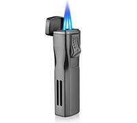 Cgaplus Double Jet Flame Cigar Lighter with Cigar Stand Windproof Lighter Butane Refillable Torch Lighter with Cigar Punch Grey (Without Gas)