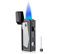 Cgaplus Four Jet Flame Lighter Butane Refillable All-in-One Cigar Lighter with Punch Cigar needle Windproof Cigar Torch Lighter with Cigar Stand on Top Black
