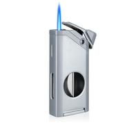 Cgaplus Single Jet Flame Cigar Lighter with V Cut Cigar Cutter Windproof Lighter Butane Refillable Torch Lighter with Cigar Punch Silver