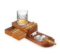 Cgaplus Wooden Cigar Ashtrays Whiskey Glass Coaster Ashtray Drawer with Cigar Holder and Cigar Accessories with Slots Great Cigars Gift Set for Men,Décor for Home Office