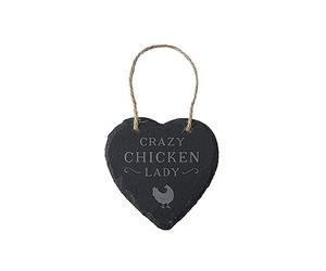 CGB Giftware | Rustic Slate Heart Hanger With Slogan 'Crazy Chicken Lady' | Jute Ribbon Hanger | GB07541