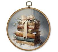 CGBHW Christmas Book Round Wall Art Decor, Winter Christmas Canvas Prints Framed, Rustic Retro Winter Xmas Bookish Wall Art Hanging Decor for Home Bedroom Reading Room Library, 10x10 Inch