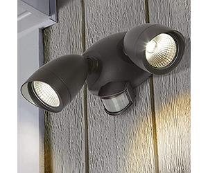 CGC Black Twin LED Spotlight Floodlight Outdoor Wall Light 2 Head Spot Security Adjustable Head Garden Porch Patio Lamp Slim Modern New Garage Shed (Double Spotlight with Sensor)