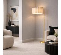 CGC Lighting Indoor Floor Lamp Brushed Gold Angled Corner Standing Reading Light and Lampshade Living Room Lounge (Cream Lampshade)
