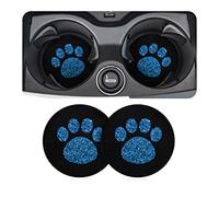 CGEAMDY 2 Pack Car Cup Holder Coasters, 7 CM Bling Glitter Rhinestone Paw Print Cup Coaster, Rubber Non-Slip Insert Auto Drink Mat, Universal Car Interior Accessories for SUV, Truck, RV (Blue)