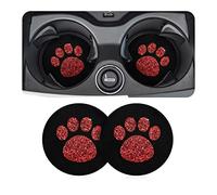CGEAMDY 2 Pack Car Cup Holder Coasters, 7 CM Bling Glitter Rhinestone Paw Print Cup Coaster, Rubber Non-Slip Insert Auto Drink Mat, Universal Car Interior Accessories for SUV, Truck, RV (Red)