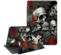 CGFGHHUY for Fire 7 Tablet Case 5th/7th/9th Generation 2015/2017/2019 Release 360 Degree Rotating Stand Protective Smart Cover with Auto Wake Sleep Tablet Case - Red Roses Skull