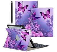 CGFGHHUY for iPad 9th Generation Case Detachable Wireless Keyboard & 360 Rotating Stand Cover with Pen Holder Protective Case for iPad 9th/8th/7th Gen 10.2 inch - Pink Flowers Purple Butterflies
