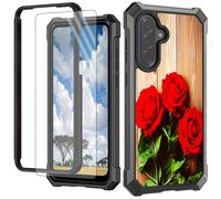 CGFGHHUY for Samsung Galaxy A17 5G Phone Case with Screen Protector Hard PC + Soft TPU Shock Proof Protective Phone Case for Samsung Galaxy A17 5G 6.7 inch 2025 - Red Roses Flowers on Wooden