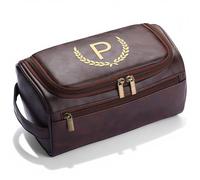 CGFN Mens Toiletry Bags,Personalised Gifts for Men,Personalised PU Leather Mens Wash Bag with Initial Hanging Toiletry Bag Xmas Birthday Gifts (Initial-P, Tea Brown)