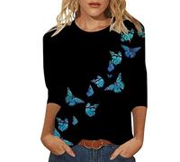 CGGMVCG 3/4 Length Sleeve Womens T Shirts Summer Casual Round Neck Butterfly Print Tshirt Tops for Women (Blue, L)
