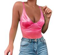 CGGMVCG Bodysuits for Women Silk Satin Camisole Spaghetti Strap Body Shaper Sexy Backless Body Suit Jumpsuit (Hot Pink, L)
