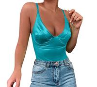 CGGMVCG Bodysuits for Women Silk Satin Camisole Spaghetti Strap Body Shaper Sexy Backless Body Suit Jumpsuit (Blue, M)