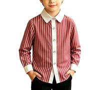 CGGMVCG Boys Striped Button Down Shirt Long Sleeve Kids Smart Dress Shirts White Contrast Collar Tops Wedding Party Formal Casual Clothes Age 1-16 Years