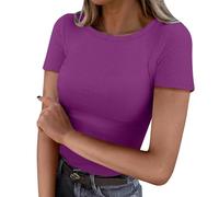 CGGMVCG Fitted T Shirts for Women 2025 Ribbed Knit Slim Fit Crew Neck Tshirt Short Sleeve Casual Women's Tops (Z02 Purple, L)