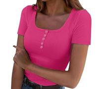 CGGMVCG Fitted T Shirts for Women 2025 Ribbed Knit Slim Fit Square Neck Tshirt Short Sleeve Casual Women's Tops (Hot Pink, XXL)
