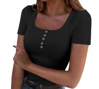 CGGMVCG Fitted T Shirts for Women 2025 Ribbed Knit Slim Fit Square Neck Tshirt Short Sleeve Casual Women's Tops (Black, XXL)